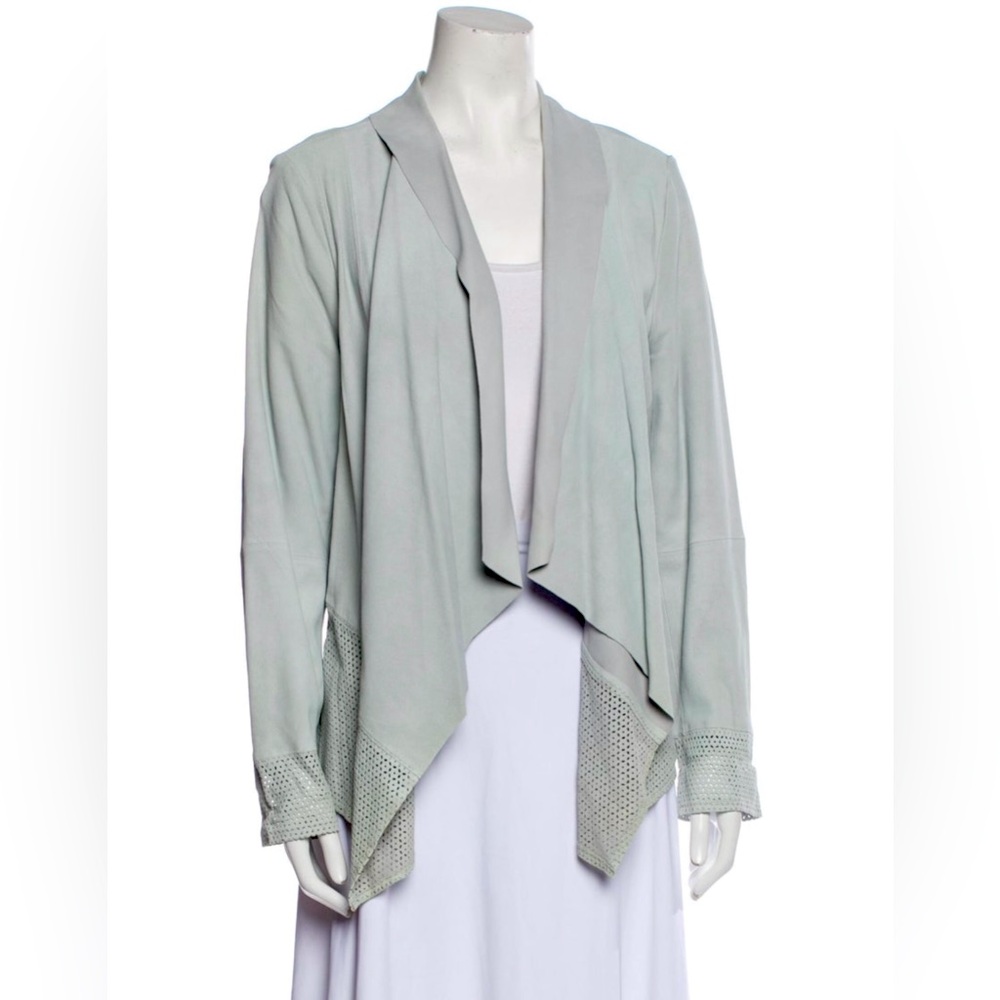 Neiman Marcus Light Green/ Blue Open Front leather Cardigan